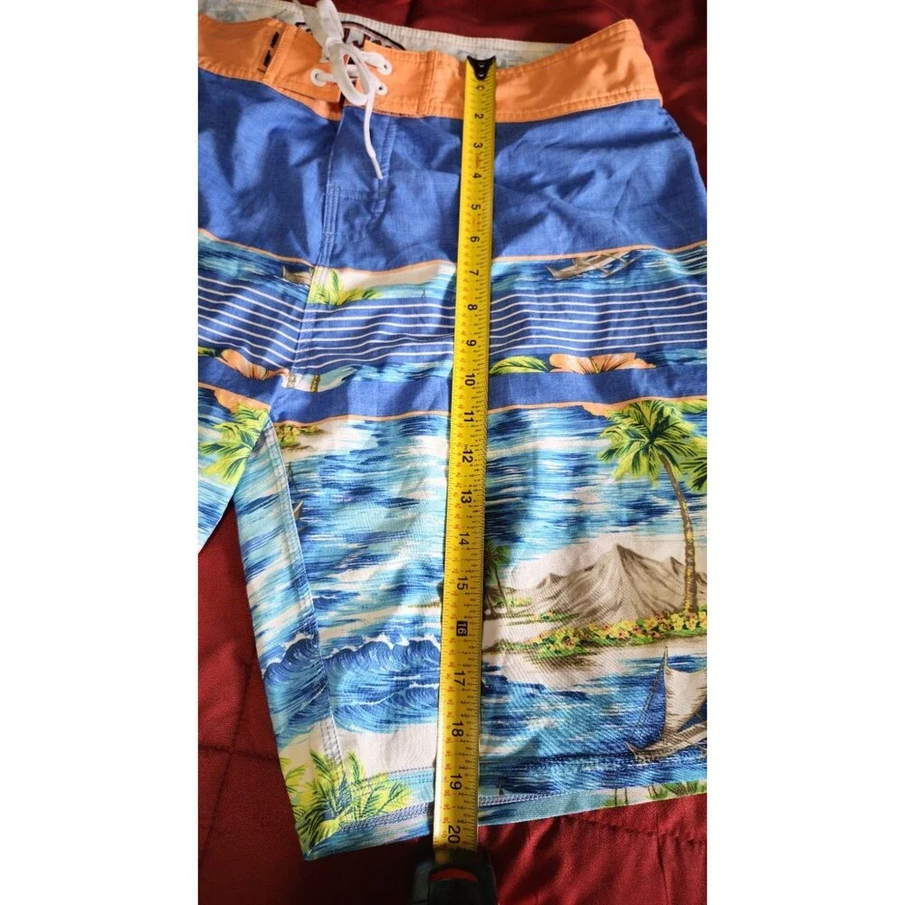 Ron Jon Surf Shorts Men 34 Blue Peach Beach Graphic Hawaiian Floral Zip Pocket - Picture 8 of 10